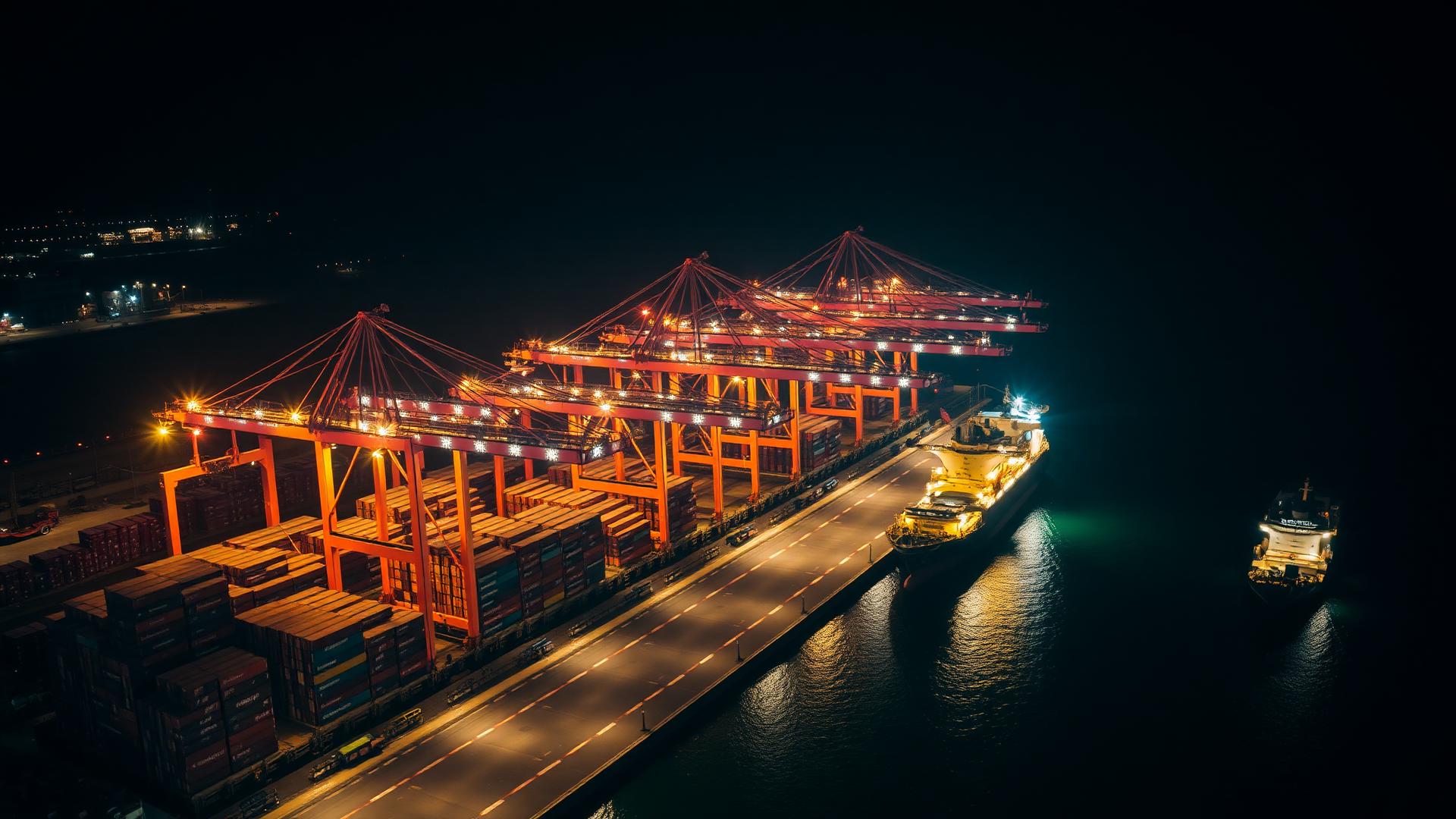 Illuminated shipping terminal at night