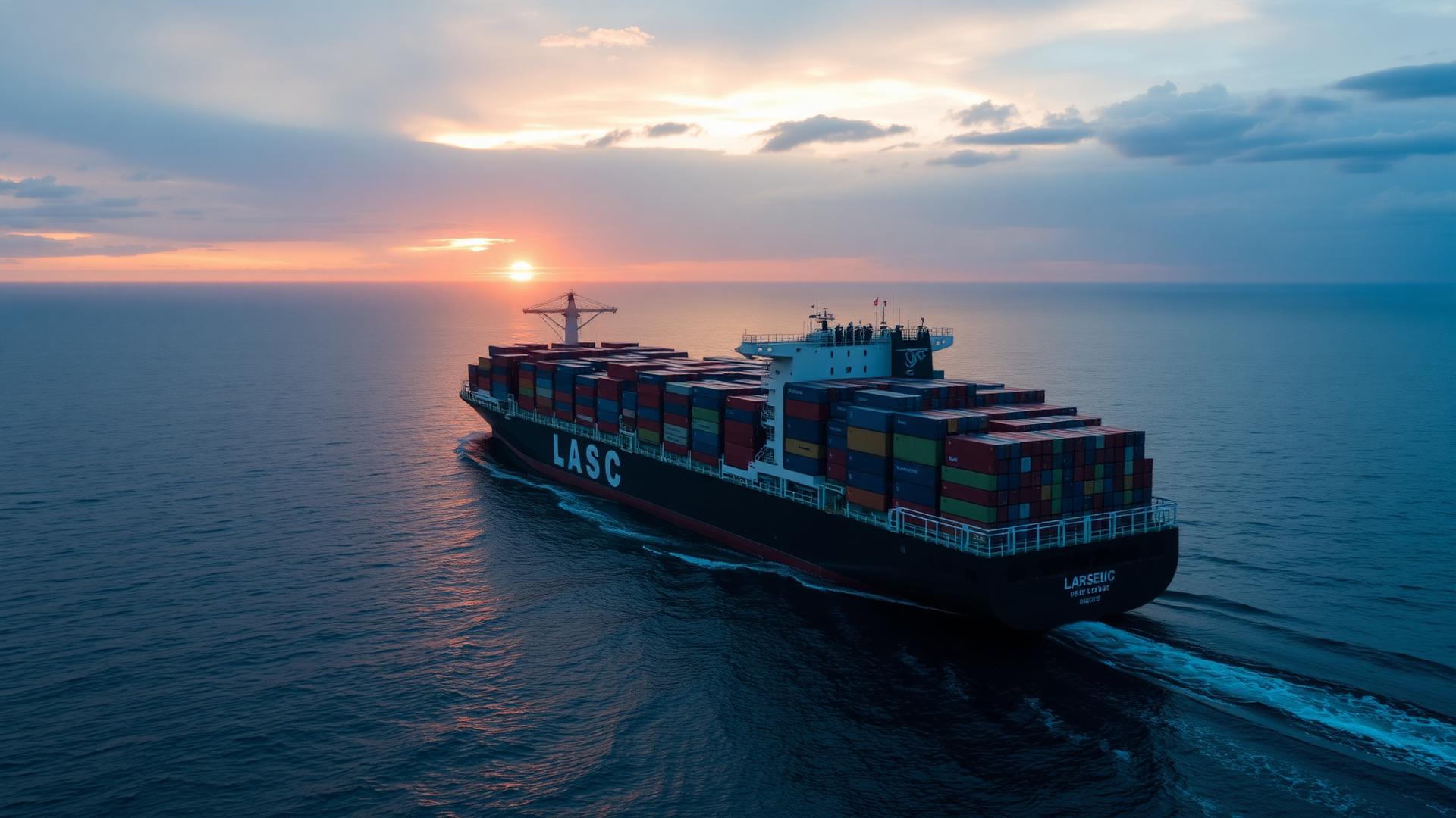 Container ship crossing the ocean at sunset